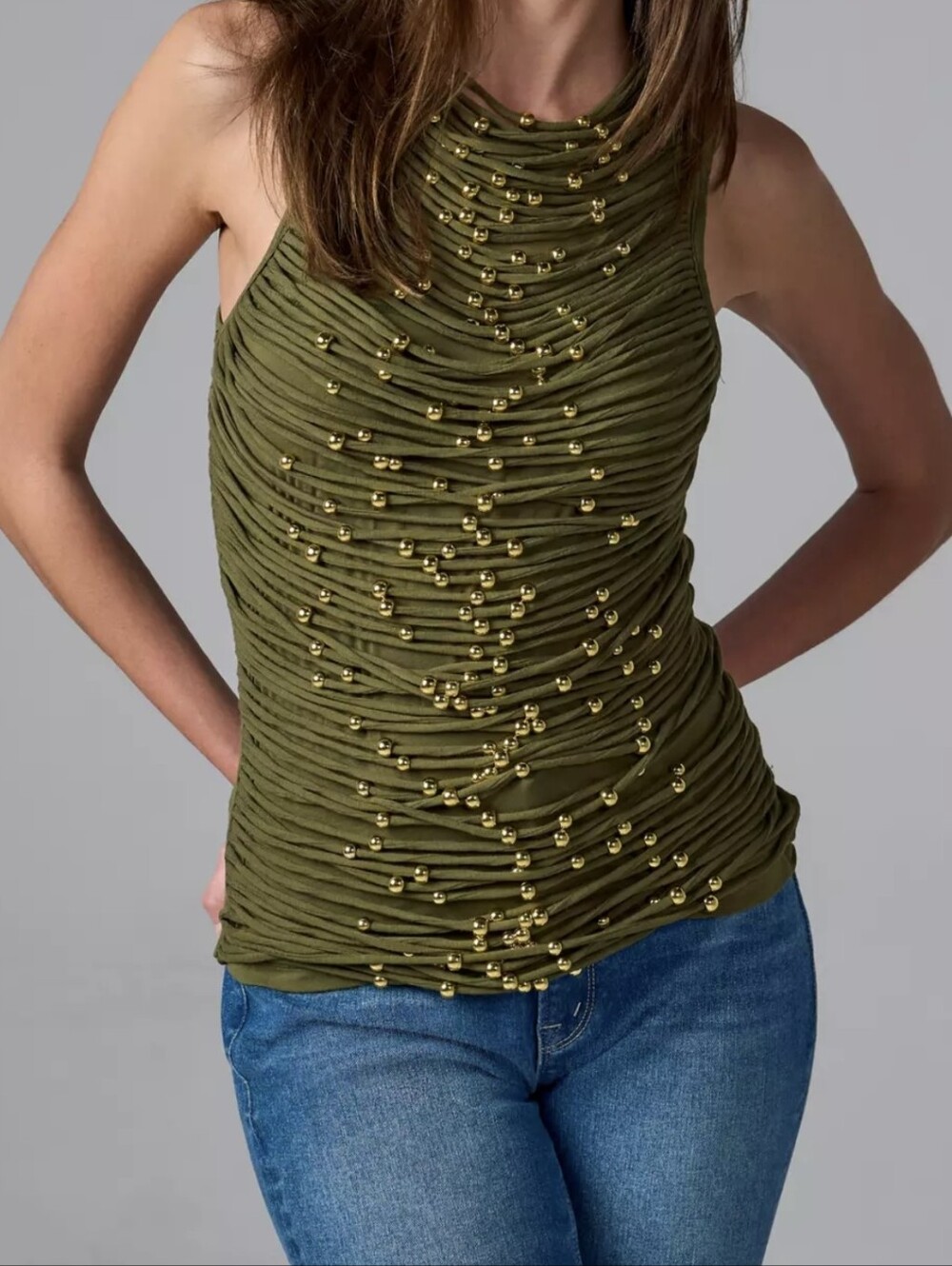 Boston Proper Olive Green Sleeveless Beaded Cutout Tee